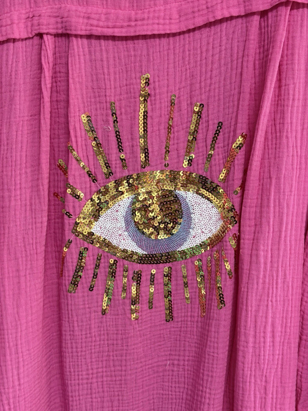 Made In Italy Hot Pink Sequin Cheesecloth Top Eye Shirt Cover Up Free Size NWT
