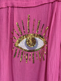 Made In Italy Hot Pink Sequin Cheesecloth Top Eye Shirt Cover Up Free Size NWT