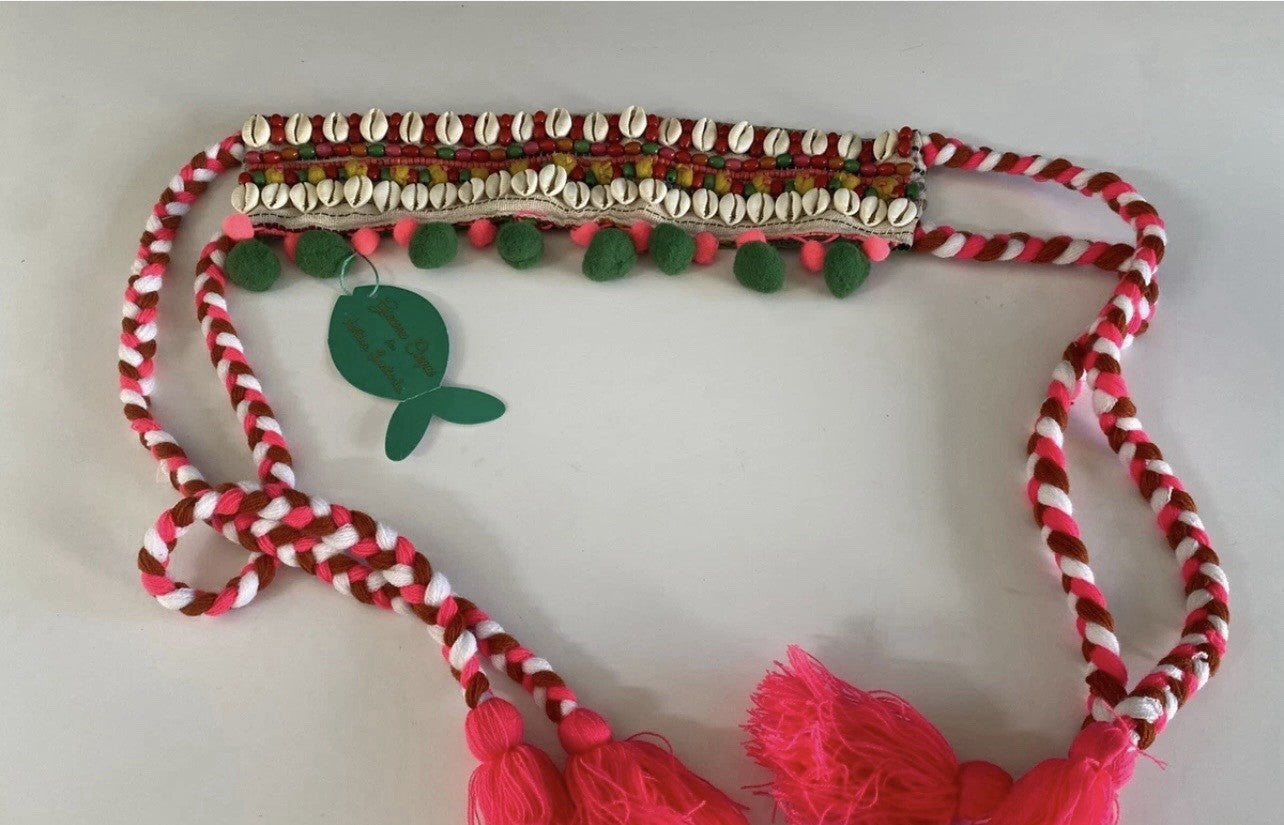 ANTICA SARTORIA MULTI COLORED BELT WITH SHELLS & POMPOMS NWT
