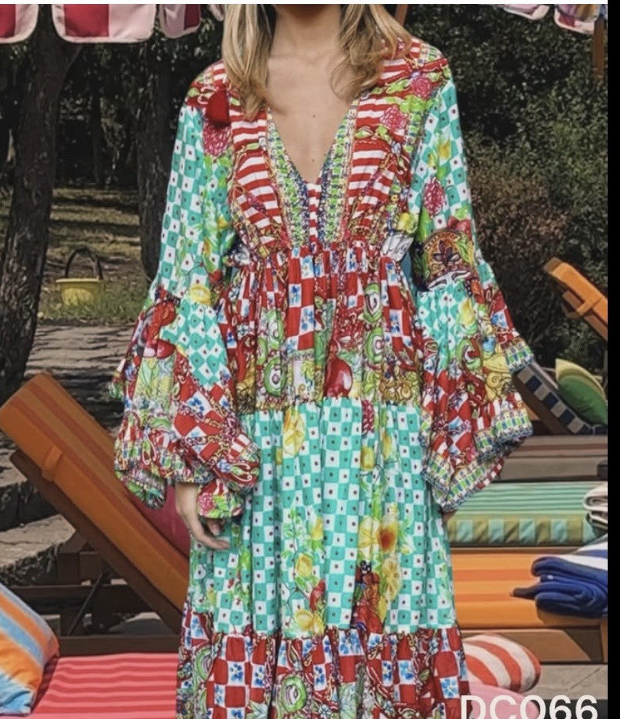 Antica Sartoria 2024 Gorgeous Print Green & Red Long Beaded V Neck Dress NWT O/S