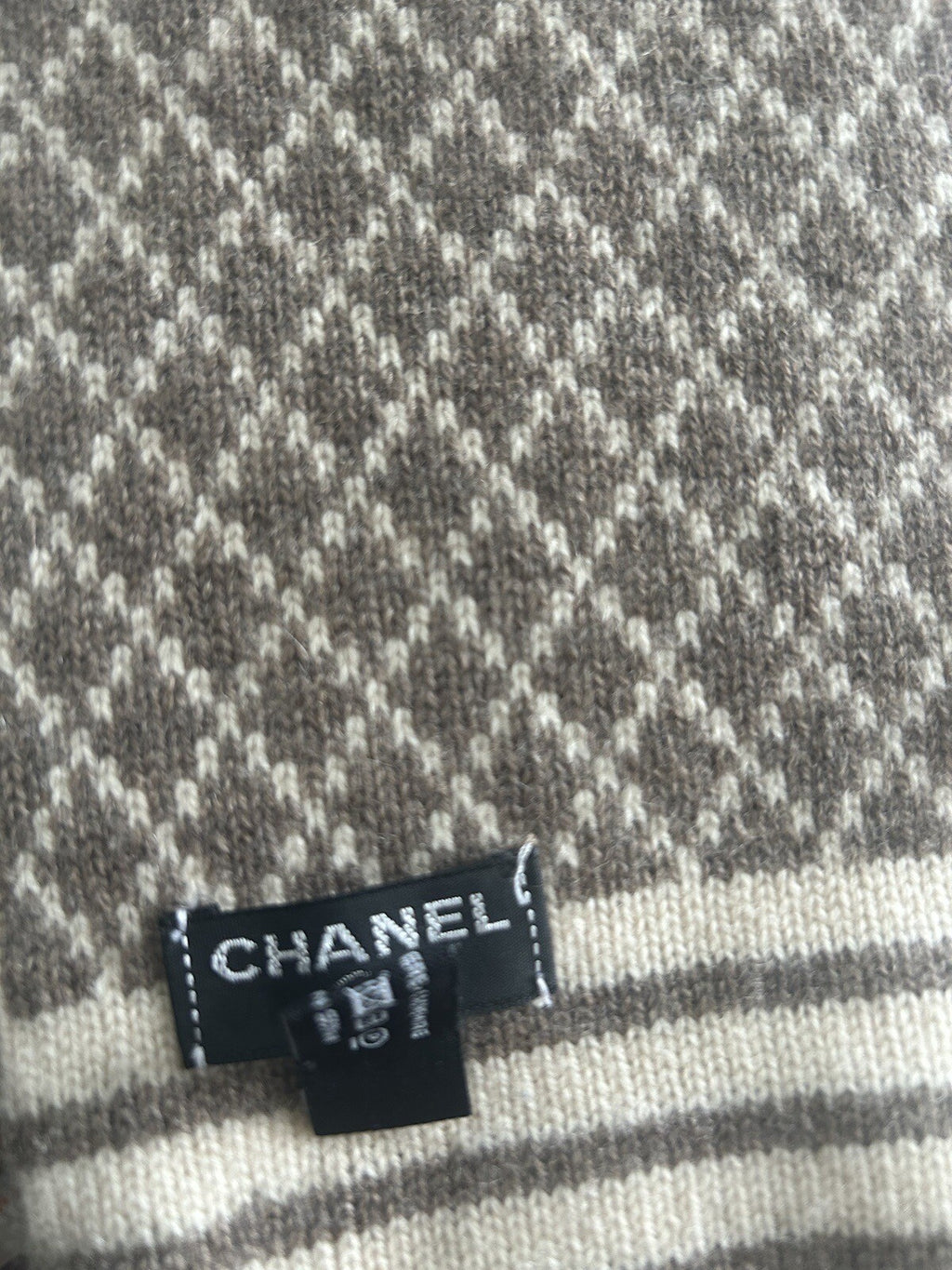 CHANEL Milk tea Beige CC Logo Cashmere Scarf Wrap Stole