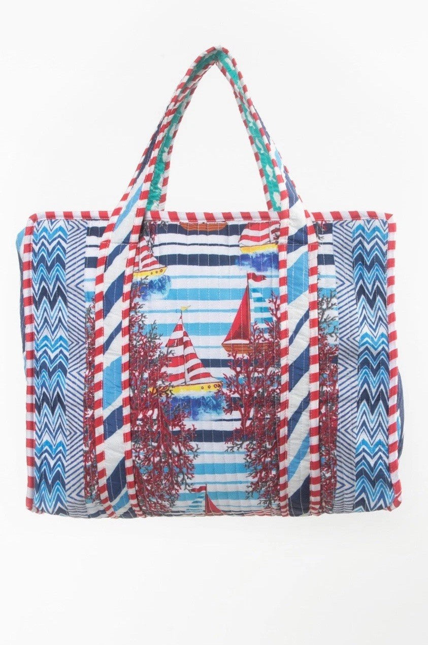 ANTICA SARTORIA 2025 SAILBOATS AND CORAL ZIPPERED BEACH TOTE/PURSE NWT 16 X 16