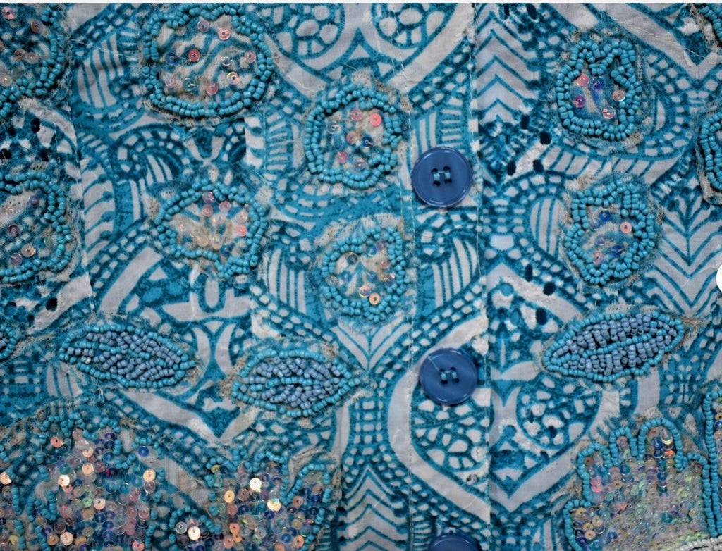 Antica Sartoria 2025 Beautiful Blue White Print Antica Beaded Jacket Large NWT