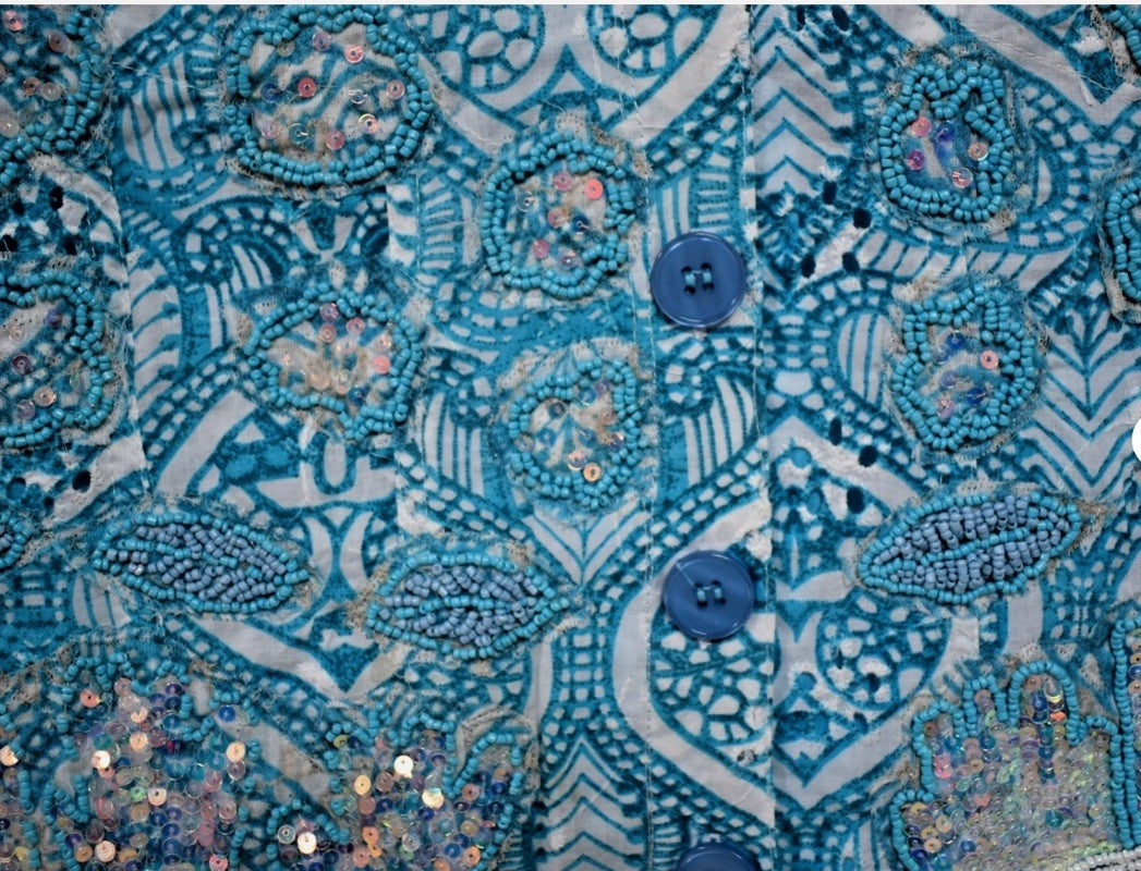 Antica Sartoria 2025 Beautiful Blue White Print Antica Beaded Jacket Large NWT