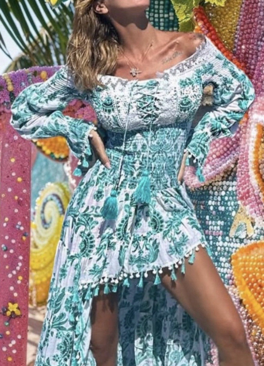 Antica Sartoria 2024 Aqua Long Back Short Front Flower Off Shoulder Dress NWT