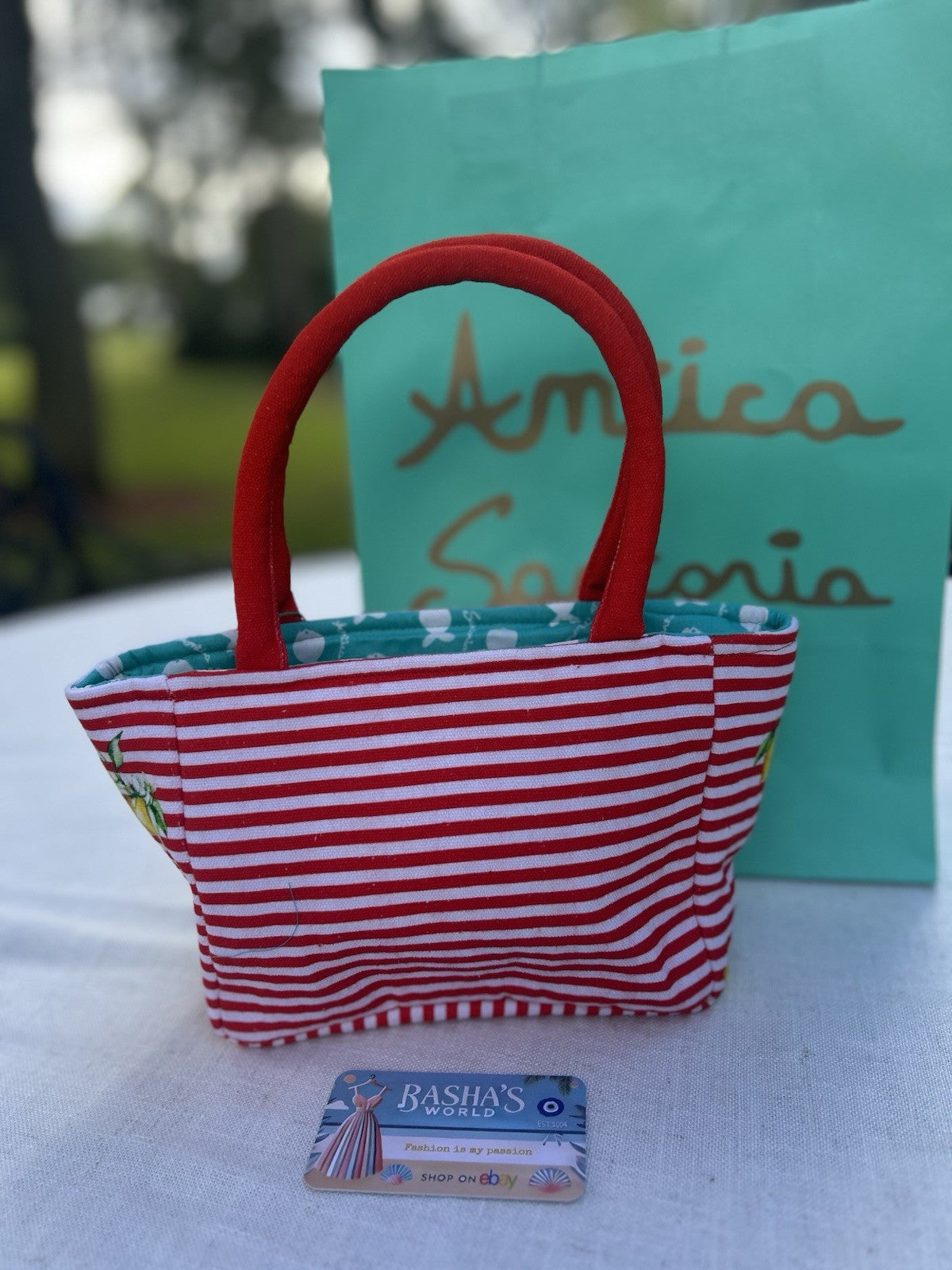 Antica Sartoria 2025 Lemon Red White Striped Tote Zipper Bag NWT
