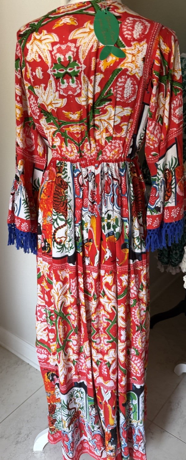 Antica Sartoria Red Asian Print Gorgeous Beaded Dress Nwt O/S