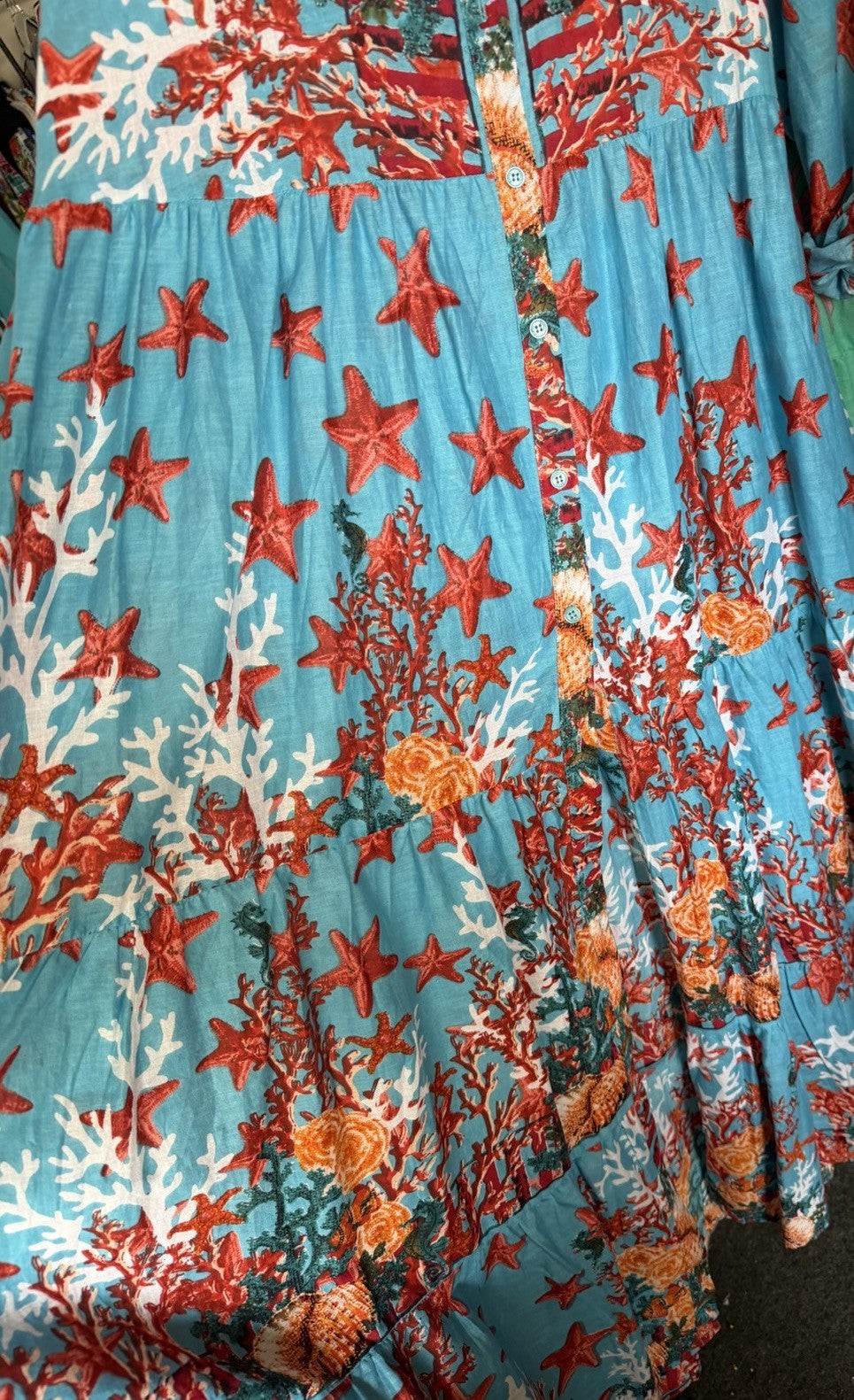 Antica Sartoria 2026 Aqua Coral Fish & Stars Long Flowy Belted Button Down Dress