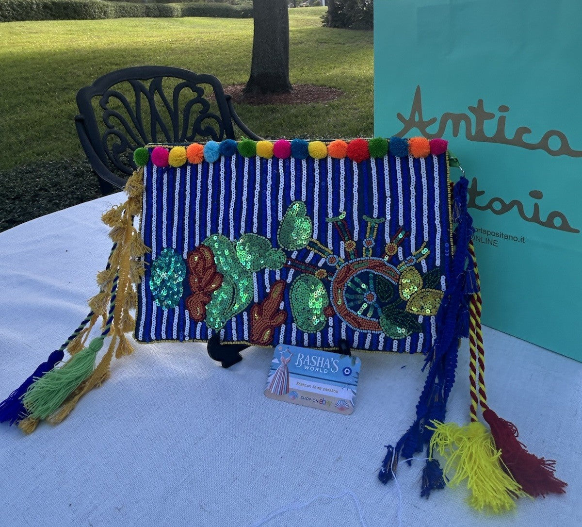 ANTICA SARTORIA SICILIAN CART CACTUS & LEMONS ON BACK BEAD & SEQUINS PURSE NWT