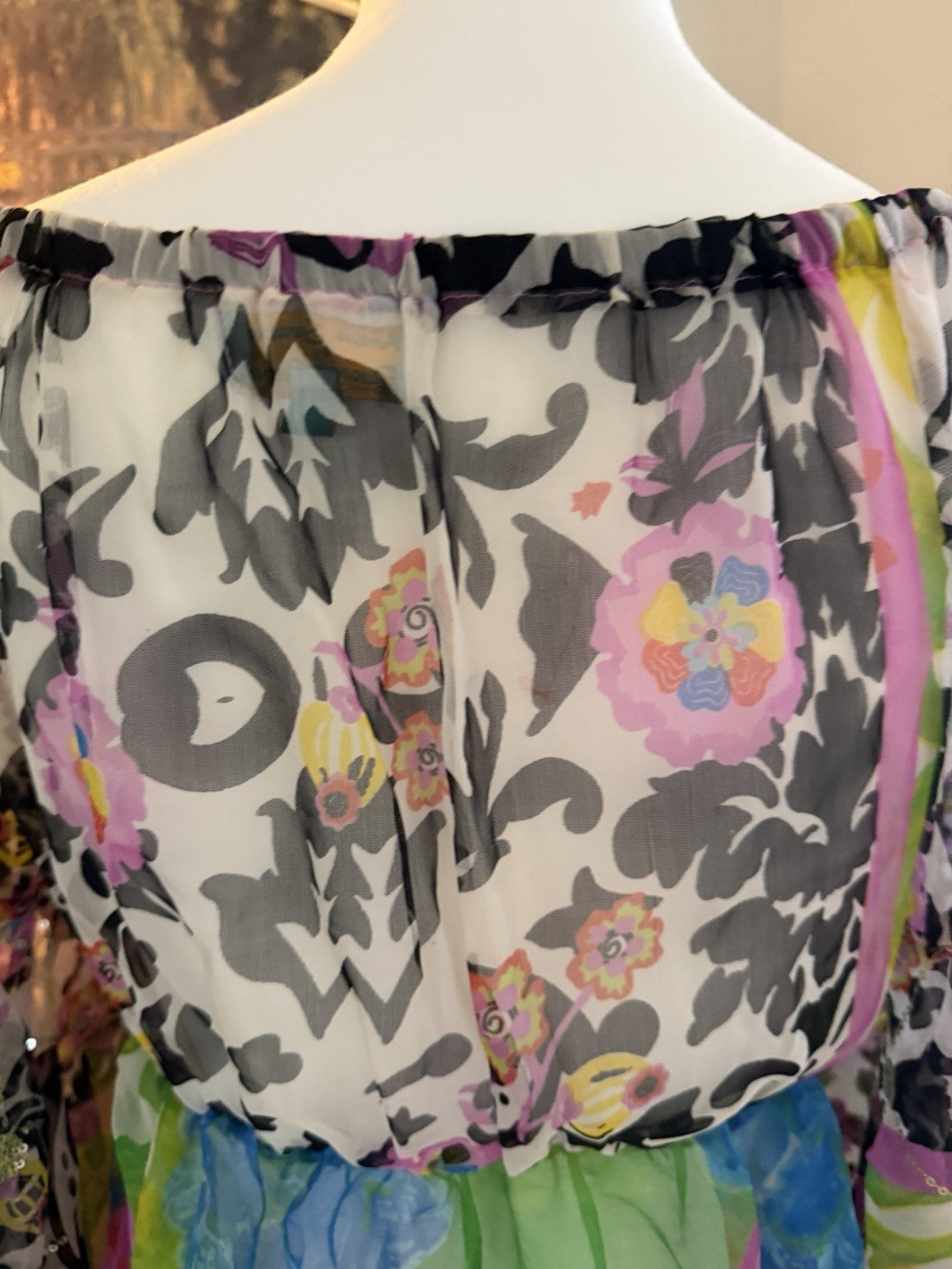 Antica Sartoria Green White Pink Fun Print Beaded Off Shoulder Short Dress O/S