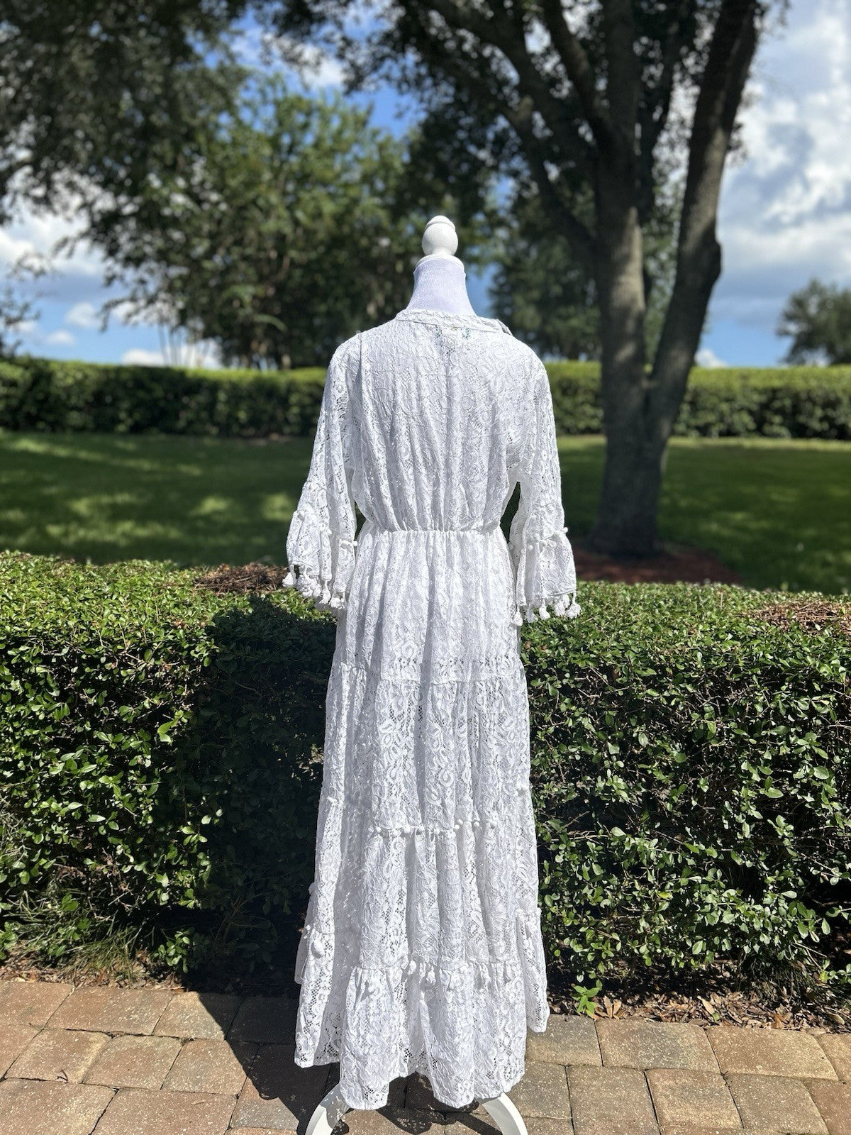 Antica Sartoria Gorgeous White Long V Neck Lace Dress With Bell Sleeve NWT O/S