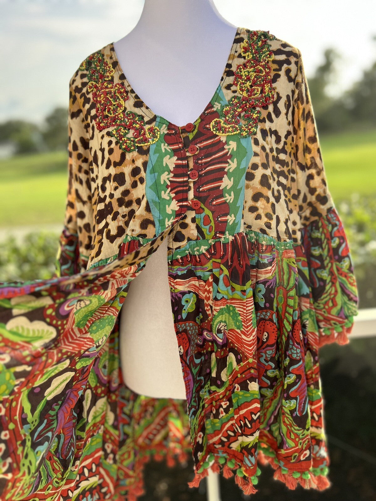 Antica Sartoria Leopard & Flowers 3 Button Flare Dress Top 🐆❤️💚