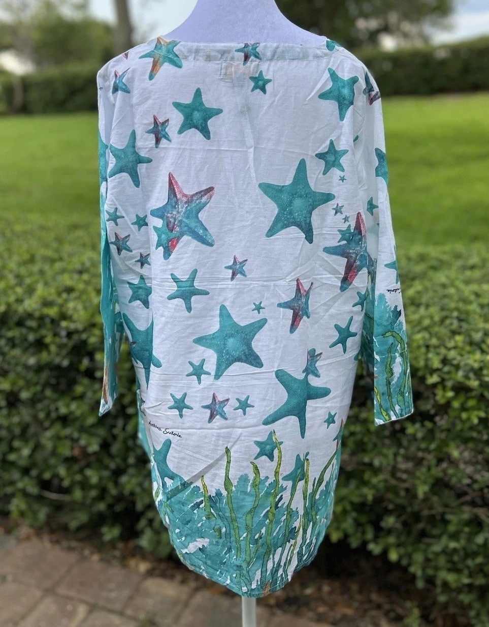 Antica Sartoria 2025 White & Blue Star Fish & Corals Tunic Kaftan Large NWT