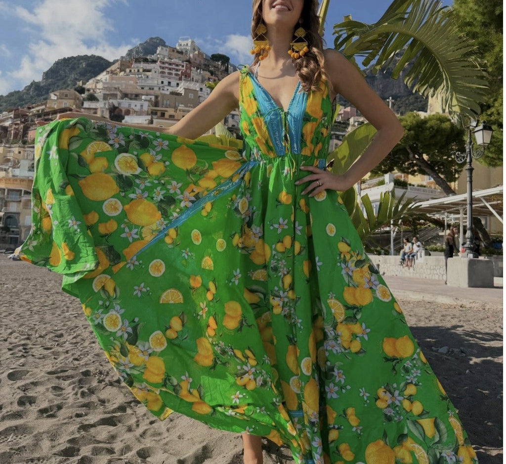 Antica Sartoria 2026 Green Blue & Lemon Strappy Long V Neck Front & Back Dress
