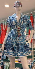 ANTICA SARTORIA 2026 BLUE & WHITE BELTED DRESS OS NWT