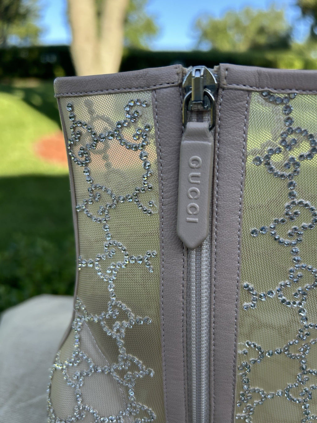Gucci Demi Crystal Mesh Ankle Boots Glitter Beige Size EU-37.5 NIB