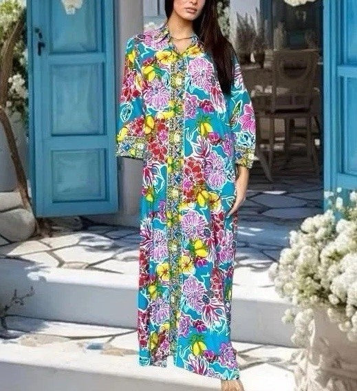 ANTICA SARTORIA 2024 AQUA LEMONS FLOWER LONG KAFTAN DRESS NWT L/XL LAST ONE
