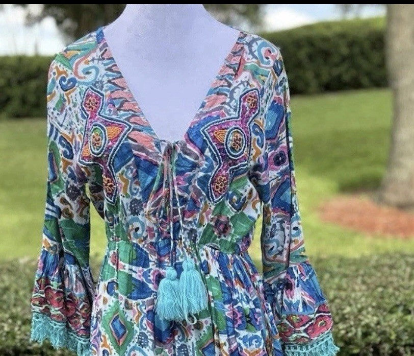 Antica Sartoria 2024 Blue Pink & White Evil Eye Long V Neck Beaded Dress NWT O/S