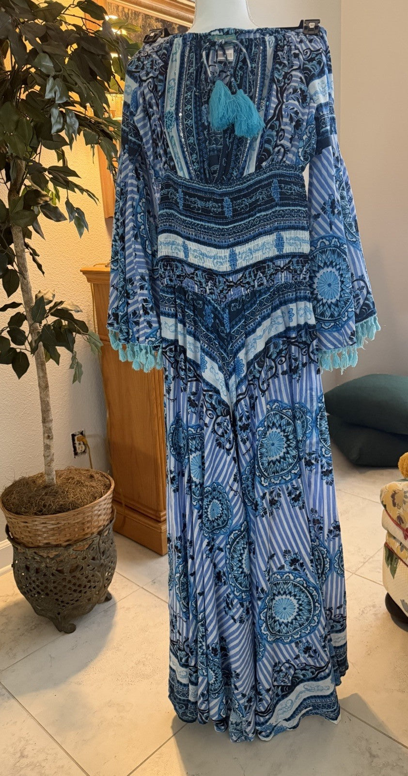 Antica Sartoria Off Shoulder Long Blue Aqua Stripes Romper NWT O/S