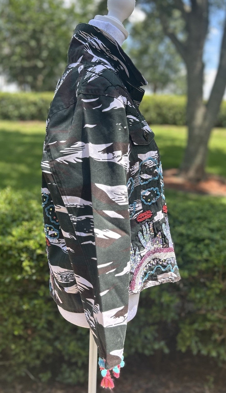 Antica Sartoria Black & White Denim Jacket Embroidery NWT XL
