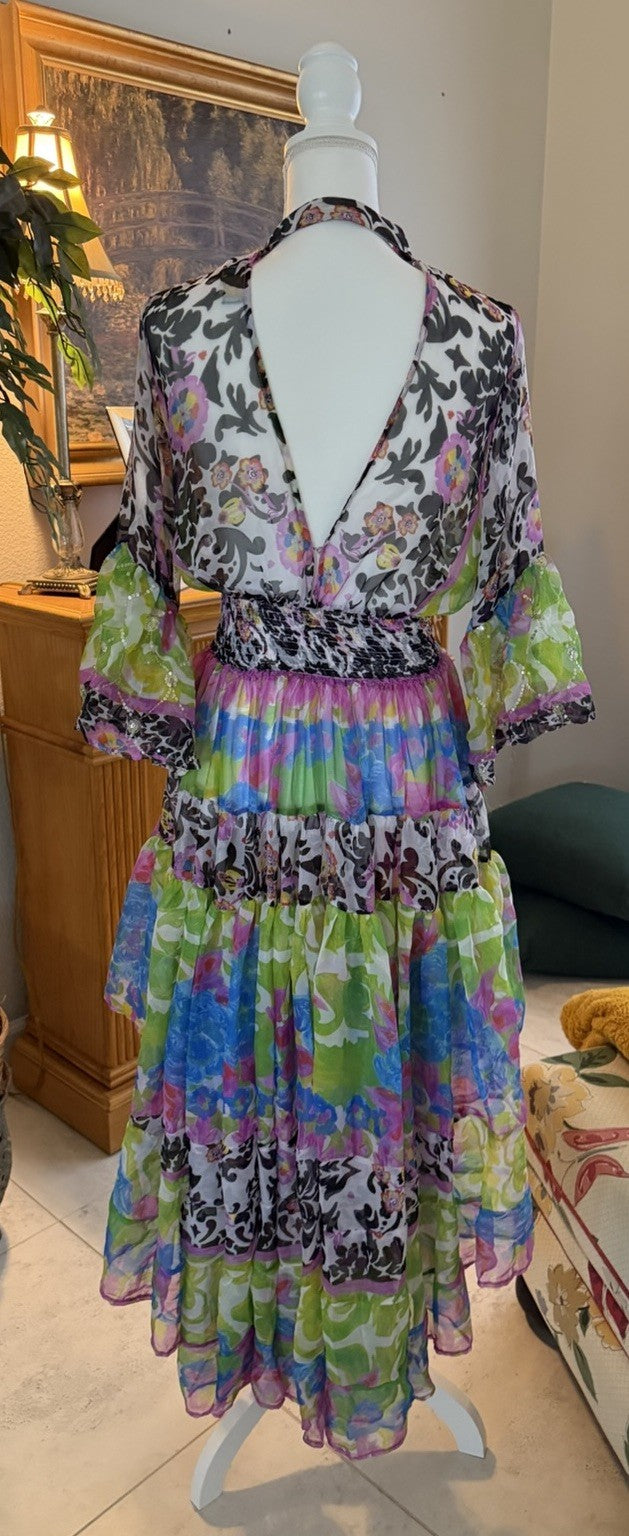 Antica Sartoria Fun Print Green Pink High Low Chiffon Dress O/S