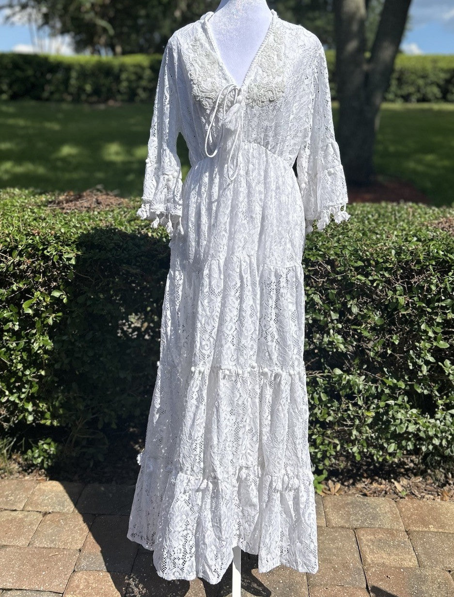 Antica Sartoria Gorgeous White Long V Neck Lace Dress With Bell Sleeve NWT O/S