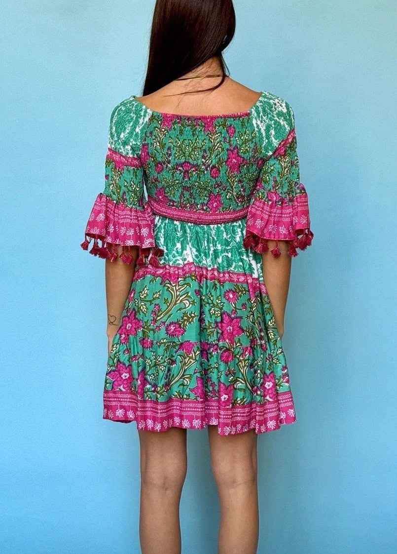 ANTICA SARTORIA 2024 AQUA GREEN & PINK OFF SHOULDER COTTON DRESS NWT O/S