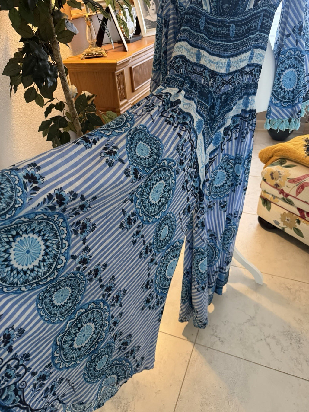 Antica Sartoria Off Shoulder Long Blue Aqua Stripes Romper NWT O/S