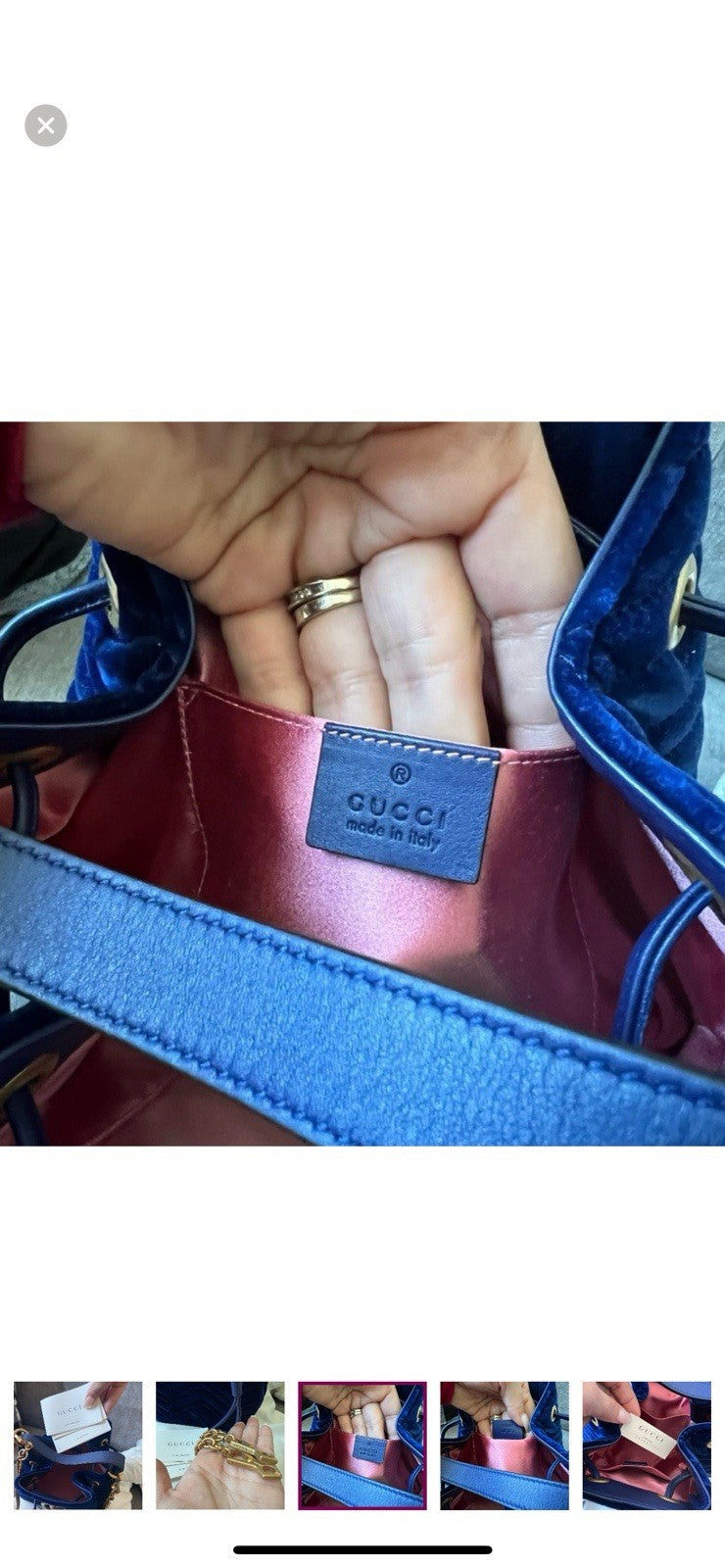 Gucci Navy Velvet bucket Bag with Gold Details Crossbody detachable Chain