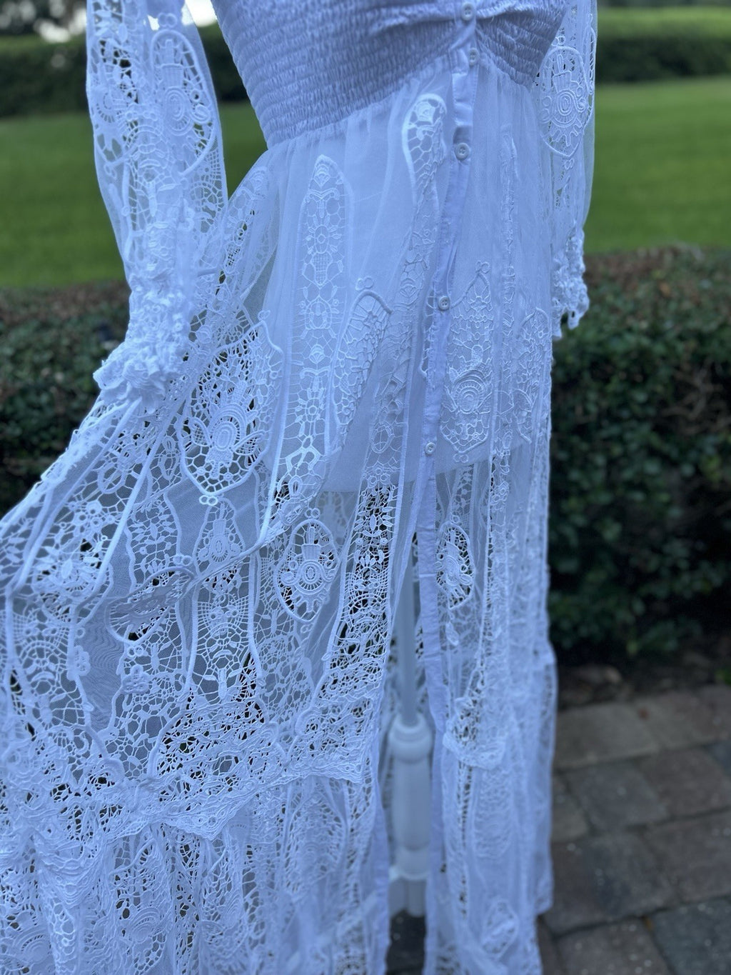 Antica Sartoria White Off Shoulder Long Lace Buttons Dress With Under Skirt