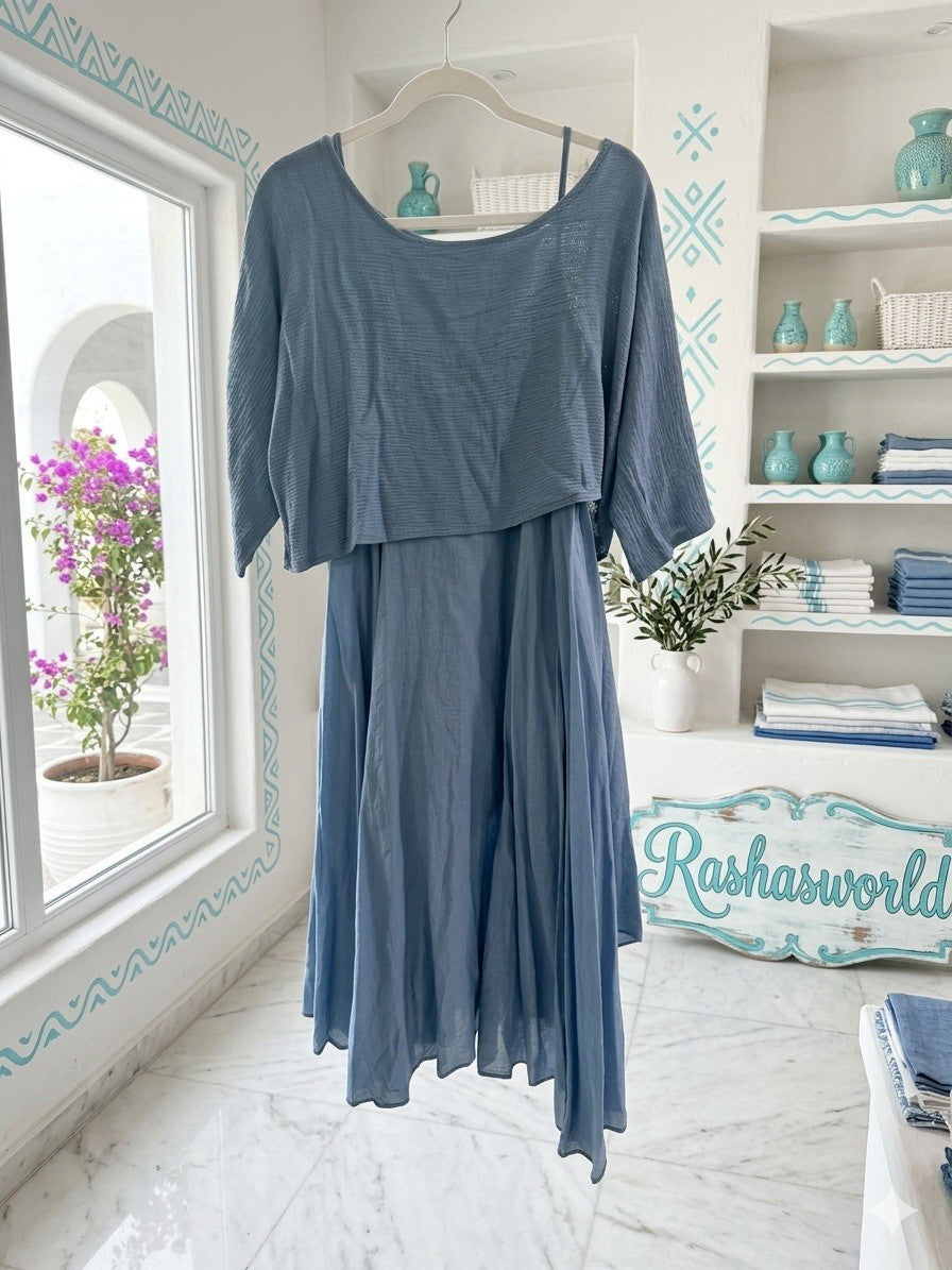 100% Cotton Rashasworld Blue 2 Pcs Midi Dress Gorgeous Made In Italy O/S
