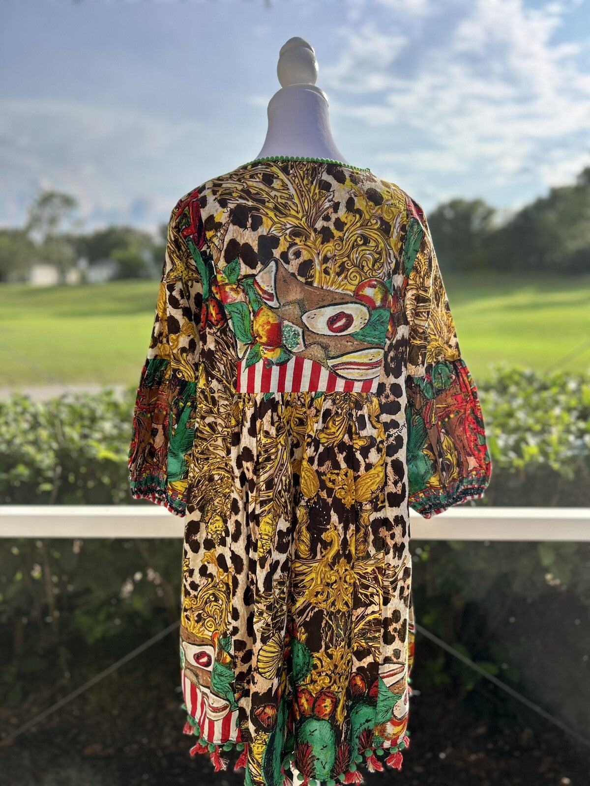 Antica Sartoria Brown Leopard & Green Cactus Dress with beads on top NWT O/S