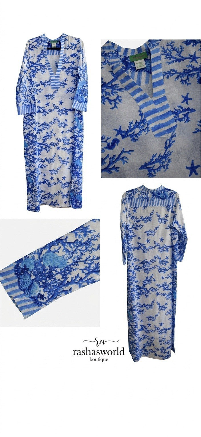 ANTICA SARTORIA 2026 S/M WHITE & BLUE CORAL LONG MUMU/DRESS/KAFTAN NWT