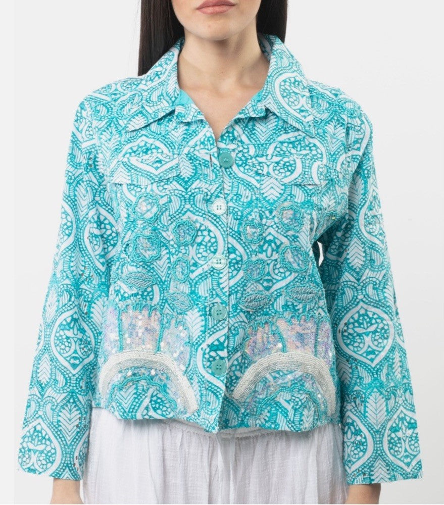 Antica Sartoria 2025 Beautiful Blue White Print Antica Beaded Jacket Medium NWT