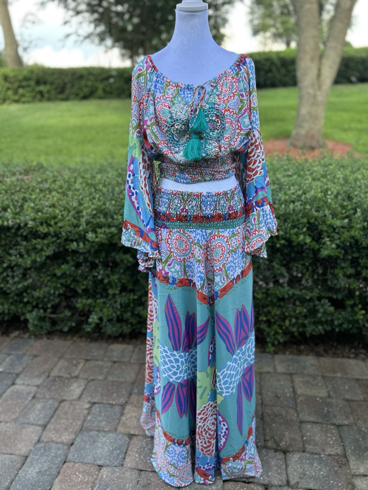 ANTICA SARTORIA 2024 AQUA FLOWERS PANTS SET O/S NWT BEAUTIFUL