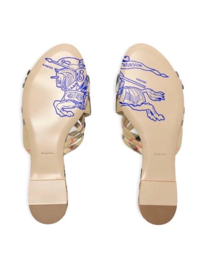 Burberry Check Cabana Slides in a linen blend with a leather sole NWT SIZE 8.5