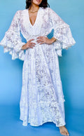 ANTICA SARTORIA WHITE LACE V NECK & BACK LONG DRESS RUFFLE SLEEVES OS GORGEOUS