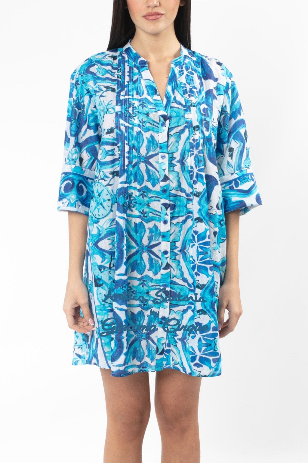 ANTICA SARTORIA 2025 BLUE WHITE BUTTON SHIRT DRESS NWT S/M