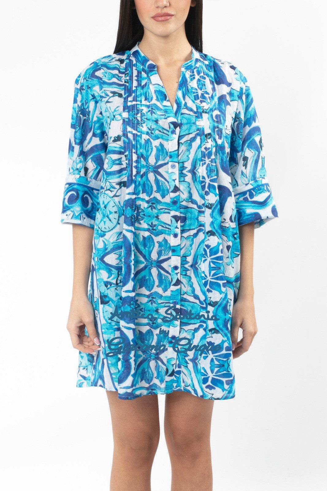 ANTICA SARTORIA 2025 BLUE WHITE BUTTON SHIRT DRESS NWT S/M
