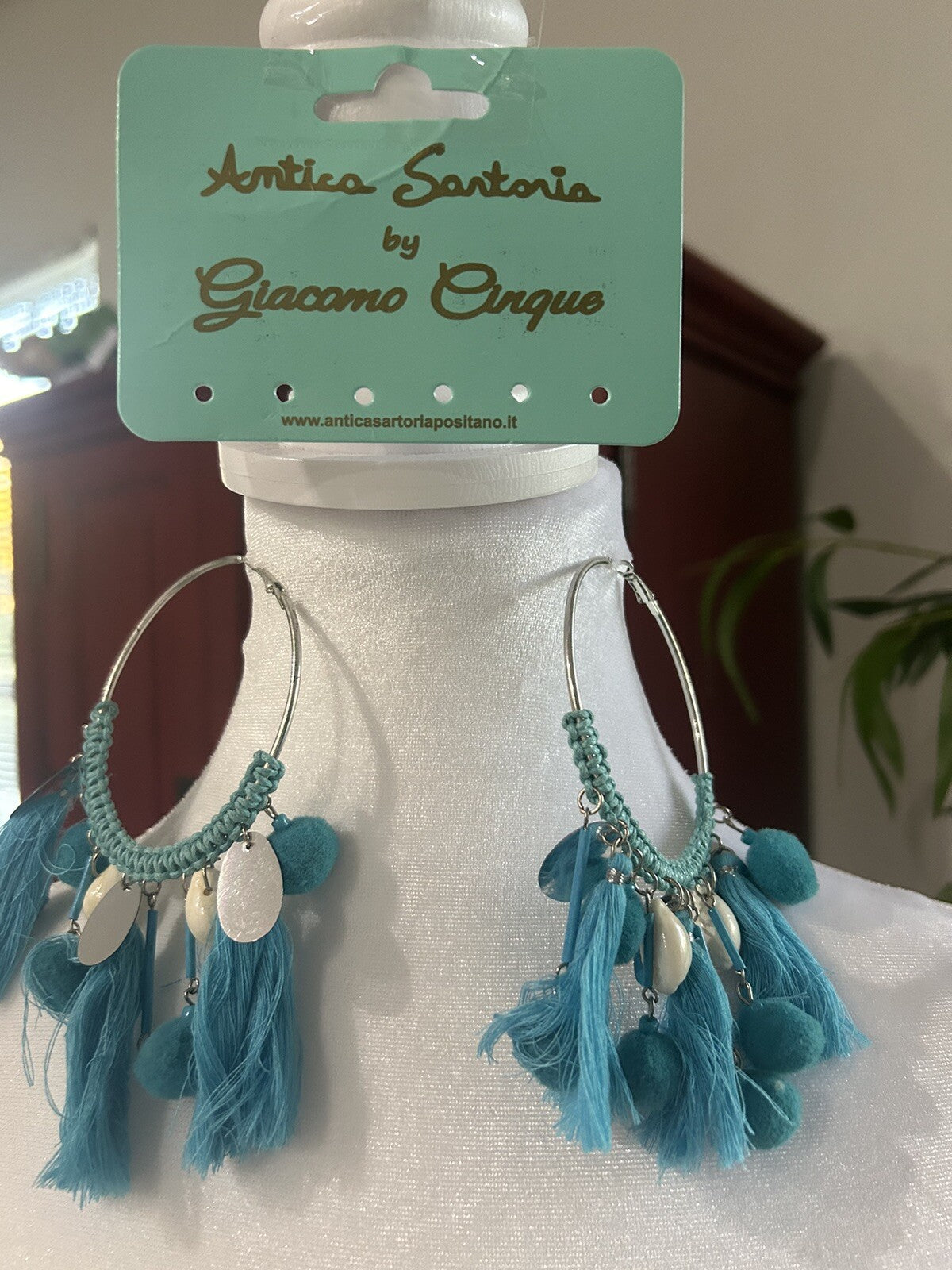 ANTICA SARTORIA TURQUOISE  BEAD & POMPOM EARRINGS PIERCED NWT