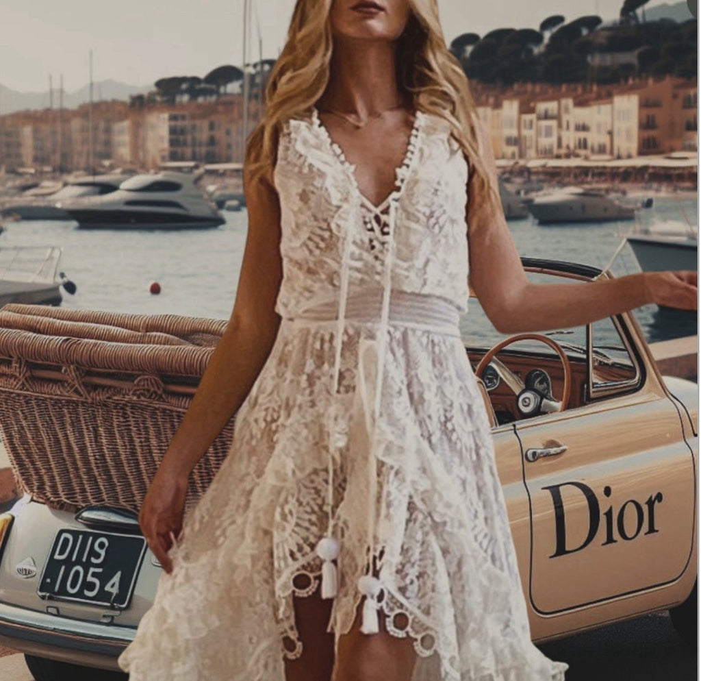 Antica Sartoria Long Back Short Front White Lace Dress  NWT With Under Skirt