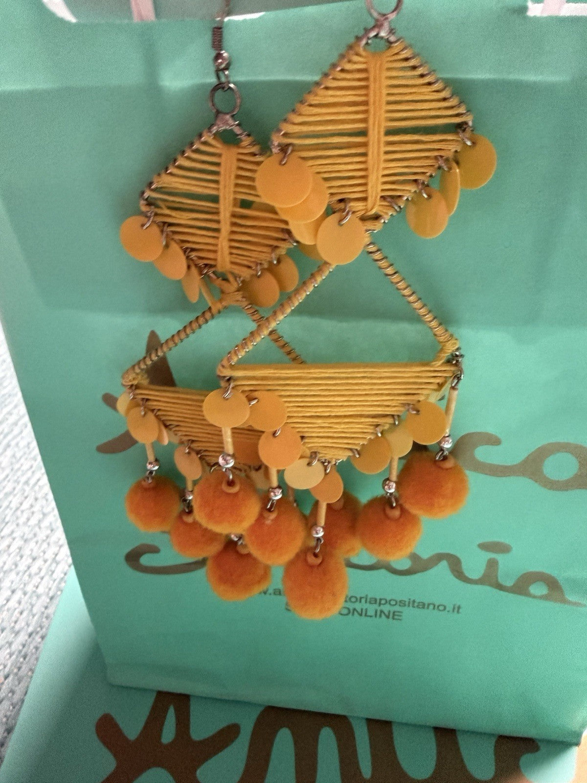 Antica Sartoria Pom Pom Hoop Triangle Earrings Yellow Nwt 💛