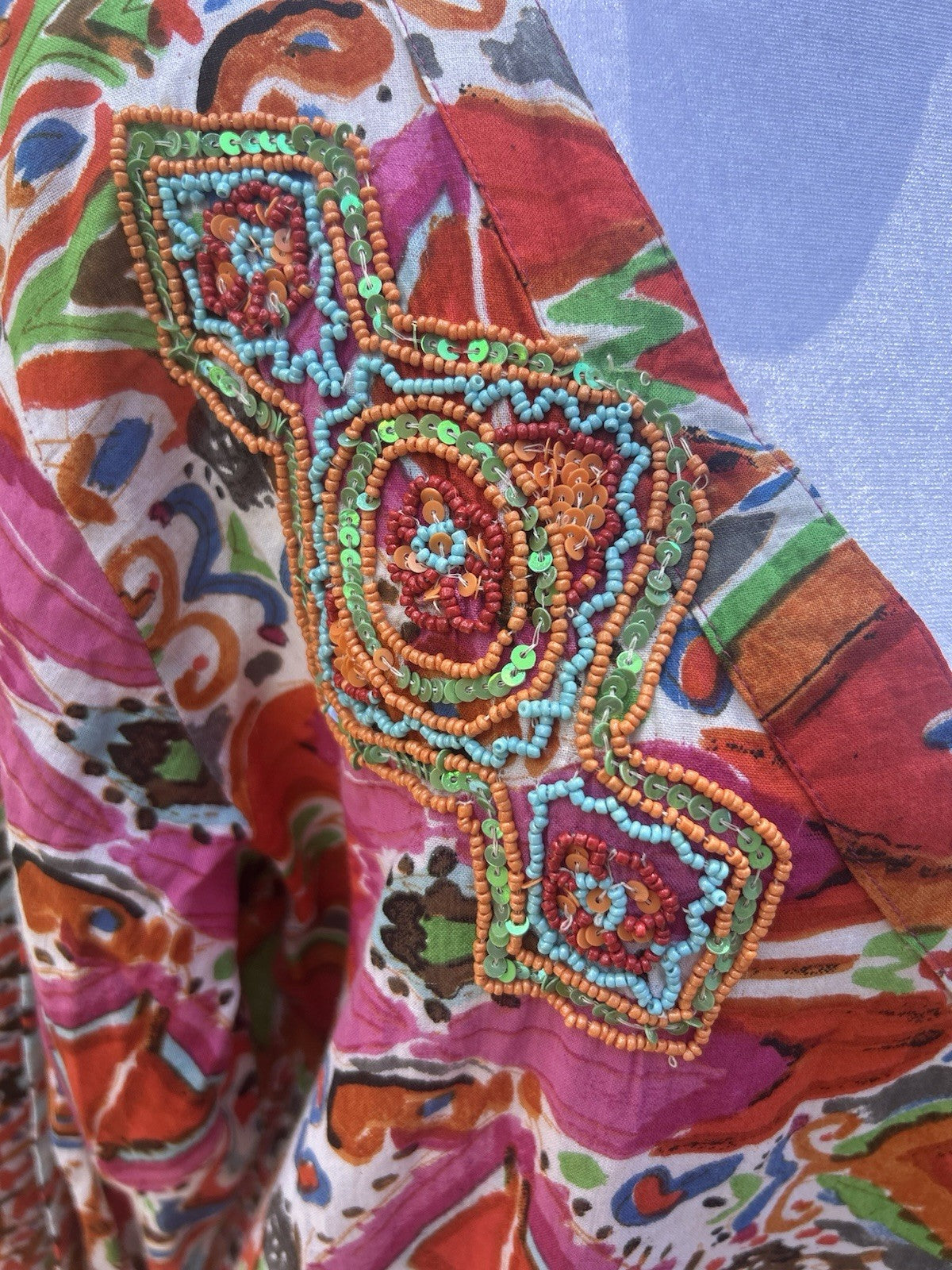 Antica Sartoria 2024 Orange & Pink Evil Eye Long V Neck Beaded Kaftan Mumu L/xL