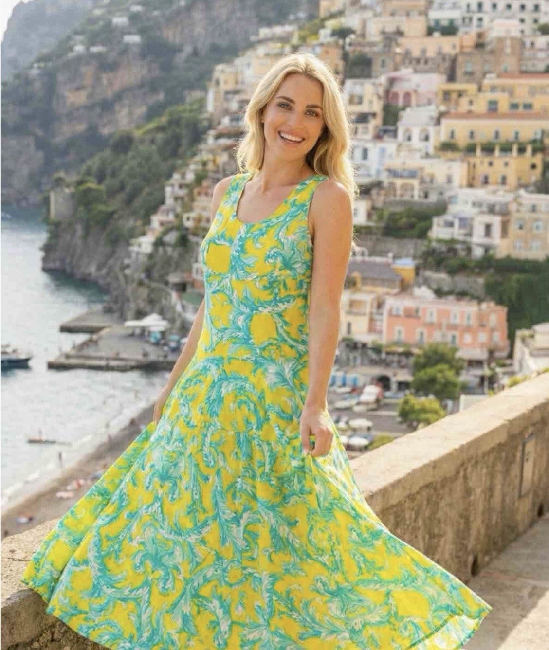 Antica sartoria 2026 Aqua Yellow Sleeveless Wave Print Dress Sample O/S