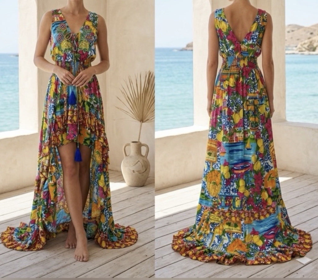 ANTICA SARTORIA 2024 CITY BY THE SEA SORRENTO LONG Back Short Front DRESS NWT OS