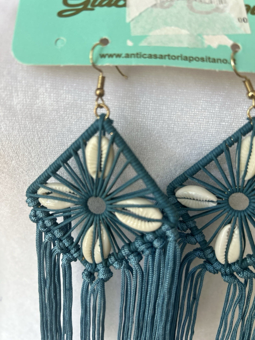 ANTICA SARTORIA GORGEOUS SHELL & STRINGS BLUE LONG EARRINGS NWT