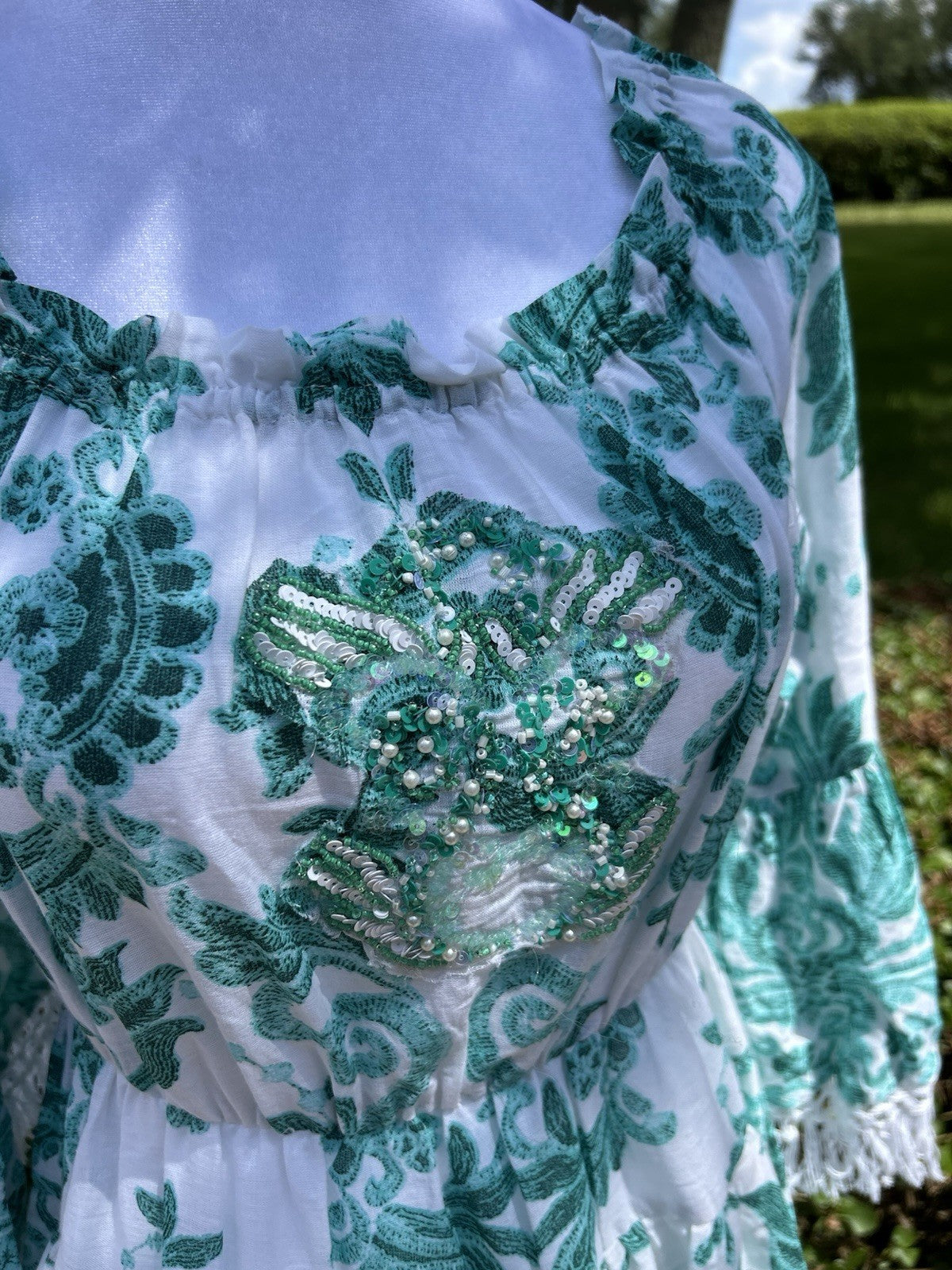 Antica Sartoria 2024 Beaded Off Shoulder Aqua & White Beautiful Dress Nwt O/S