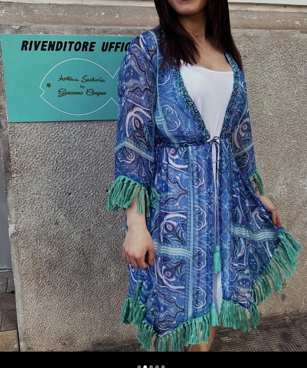 Antica Sartoria Blue And White Kimono Cover Up Nwt
