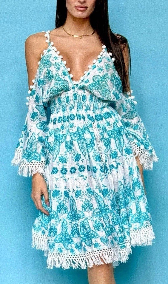 ANTICA SARTORIA AQUA & WHITE DRESS COLD SHOULDER V NECK DRESS NWT O/S