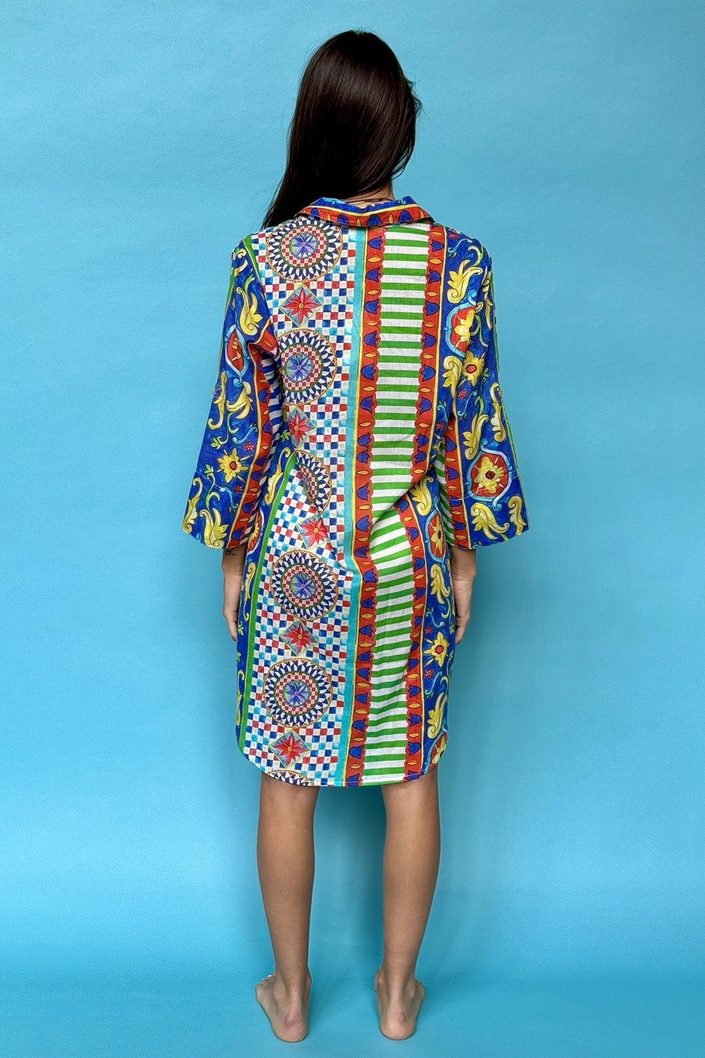 ANTICA SARTORIA 2024 L/XL AQUA LEMONS & CORAL BUTTON DOWN SHORT DRESS NWT